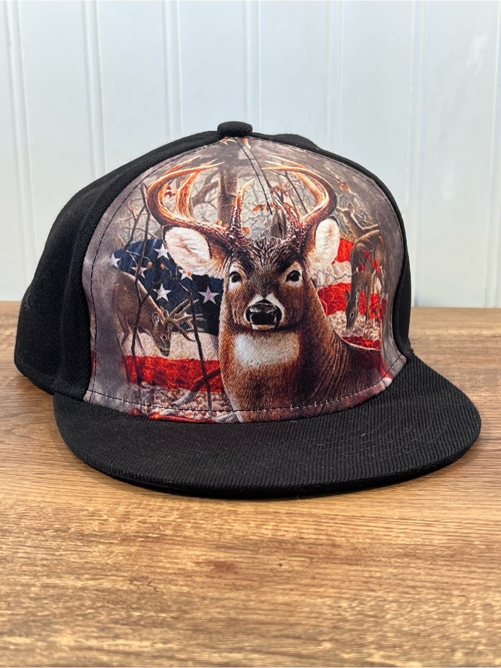 Black Snapback Hat with Deer & American Flag Graphic Flat Billed Trucker Hat
